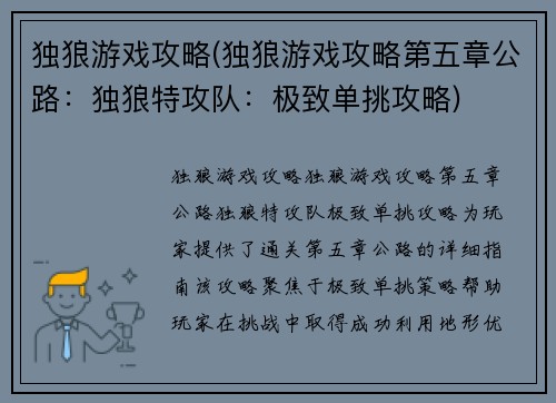 独狼游戏攻略(独狼游戏攻略第五章公路：独狼特攻队：极致单挑攻略)